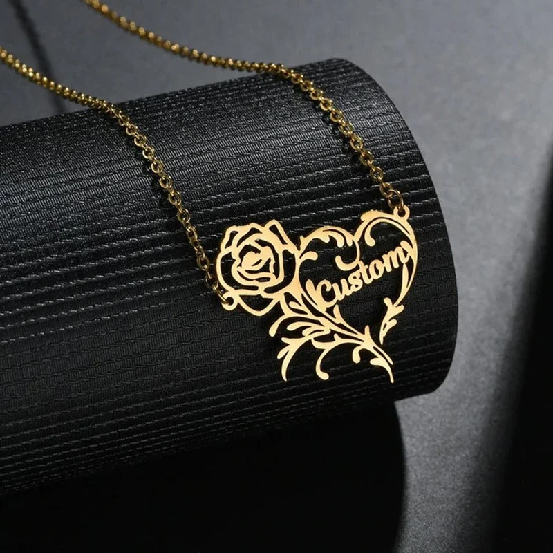 Birth Flower Necklace - Collier à breloques coeur rose personnalisé